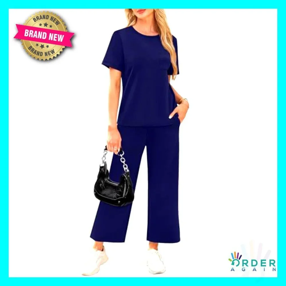 Women's Casual Two Piece Set Wide Leg Crop Pants Lounge Outfit Summer Travel